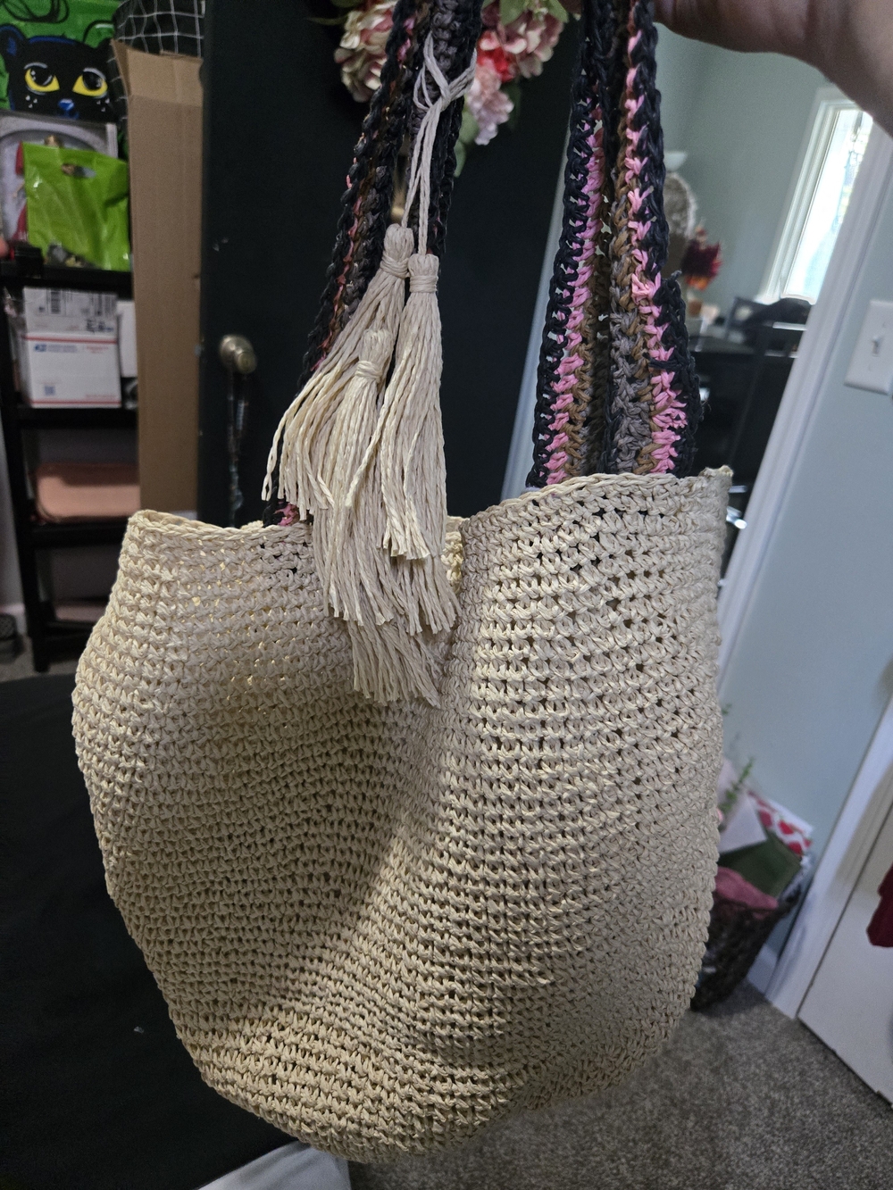 Neutral Woven Tote Bag with Multicolor Straps